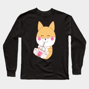 Kawaii Shiba Inu japanese dog drinking bubble boba tea Long Sleeve T-Shirt